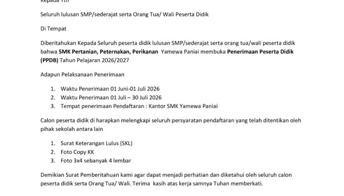 SMK Yamewa Paniai Buka PPDB 2026/2027 Untuk Jurusan Pertanian, Peternakan, dan Perikanan